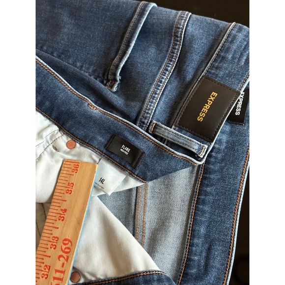 EXPRESS High Rise Flare Supersoft Ripped Knee Raw Hem Bell Bottom Stretch Jeans - Picture 11 of 11